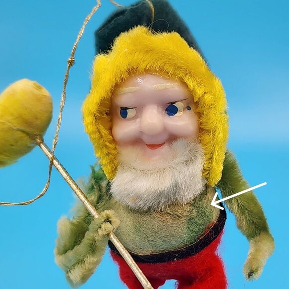Vintage 1950s Putz Elf w/ Hammer Ornament Spun Cotton Chenille Celluloid Face - Picture 7 of 8